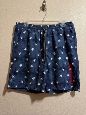Hurley Men’s Star Print Board Shorts Swim Trunks Blue Red Logo Drawstring - LG